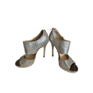 Jimmy Choo Champagne Glitter Peep Toe Platform Sandals Ankle Zip Heels 37.5